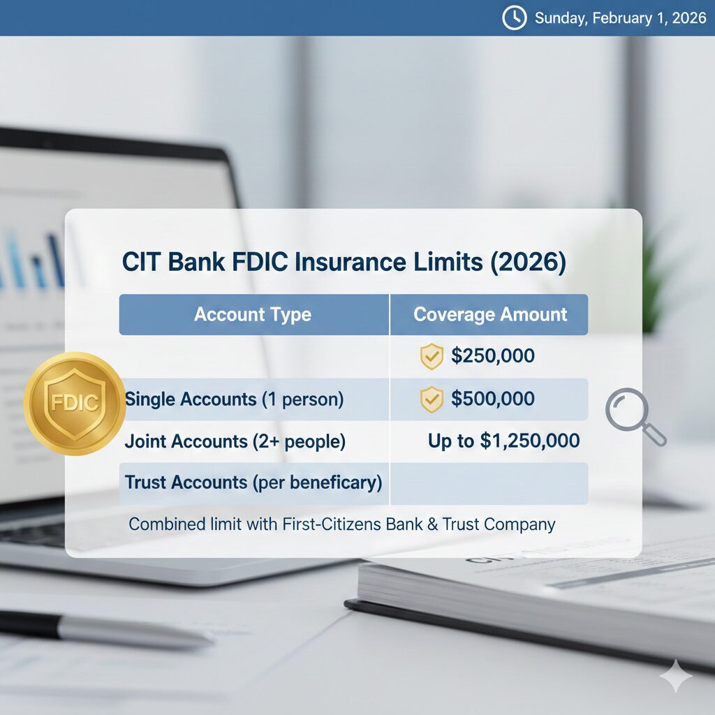 CIT Bank FDIC insurance coverage table showing limits for single and joint accounts.